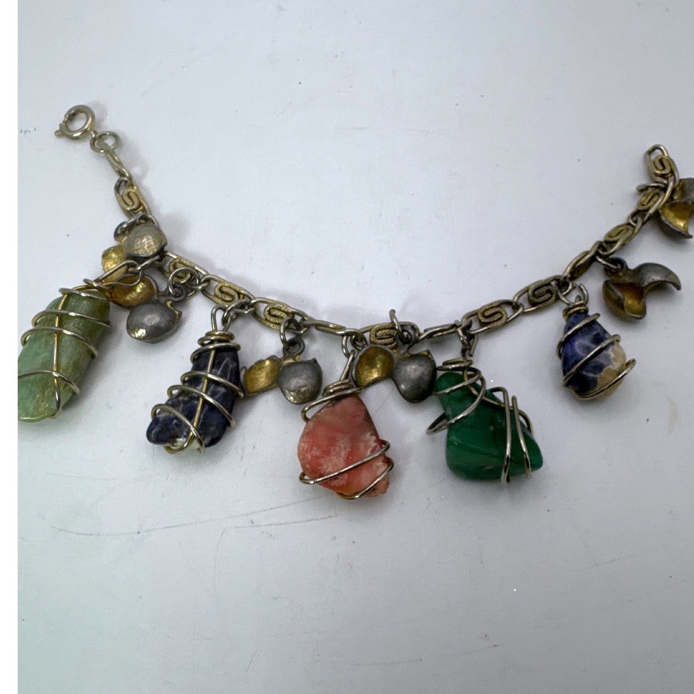 Vintage Wire Wrapped Raw Gemstone Nugget Charm Bracelet Mixed Metal‎ Boho 7.5"